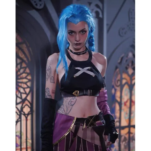 Vista 6 de Conjunto completo de traje de cosplay de jinx con peluca (M)
