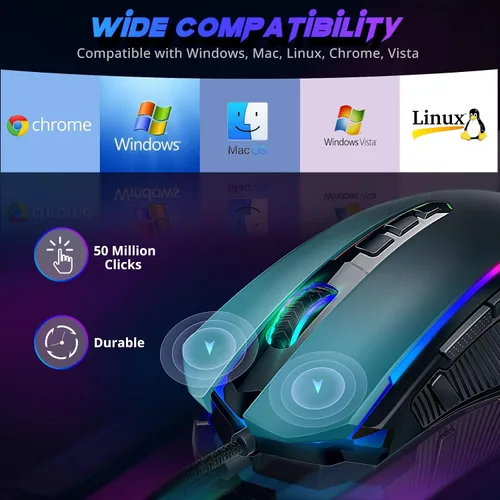 Vista 7 de Redragon Mouse para juegos, mouse para juegos con cable con retroiluminación RGB, 8000 DPI ajustable, mouse con 9 botones macro programables y botón