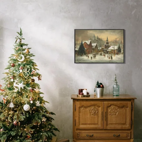 Vista 4 de Huabsad Arte de pared vintage de Navidad, retro, del siglo XVIII, rústico, naturaleza, paisaje, pósteres de lienzo de pueblo de invierno, famosas