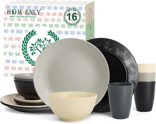 Vista 13 de Homienly Juegos de Vajilla Premium de Paja de Trigo, Platos y Tazones Ligeros e Irrompibles, Tazas, Servicio para 4, Apto para Lavavajillas