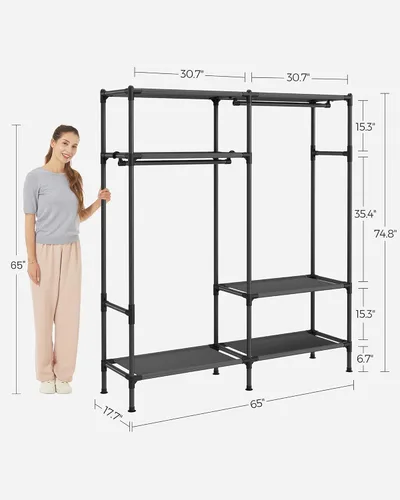 Vista 6 de SONGMICS Perchero de ropa resistente, armario portátil independiente de 65 pulgadas con rieles y estantes colgantes, carga total de 242 libras