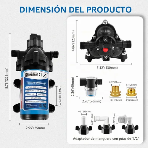 Vista 6 de WASSERMANN Bomba de Aumento de Presión de Agua de 115 Voltios AC 4.5GPM 55PSI, Bomba de Agua Autocebante de Diafragma con Interruptor de Presión