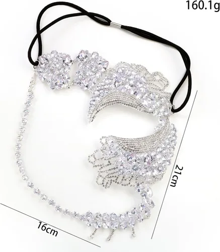 Vista 4 de STONEFANS Máscara de mascarada para mujer, máscara de Mardi Gras veneciana plateada con diamantes de imitación, disfraz de mascarada para mujer