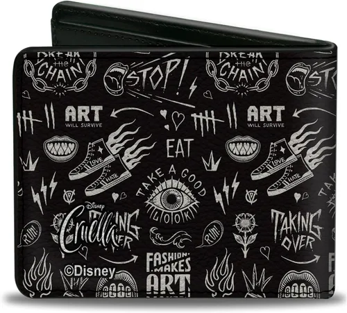 Vista 2 de Buckle-Down Billetera de Disney para hombre, plegable, Cruella Rebel Heart Badge y Collage de iconos, negro y blanco, cuero vegano, 4.0 x 3.5