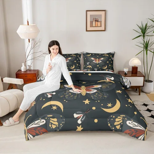 Vista 19 de Juego de edredón de champiñones para niños, tamaño individual, juego de ropa de cama romántica con sol, luna, cielo estrellado y galaxia, decoración
