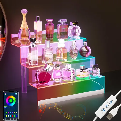 Vista 9 de Organizador de Exhibición de Acrílico de 12" con Luz LED - Soporte de Perfume de 3 Niveles y Estantes Escalonados de Exhibición, Organizador