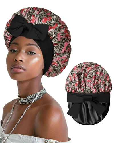 Vista 17 de Gorro de satén para mujeres, gorros de seda para dormir, gorro para cabello rizado con banda elástica con lazo, reversible de doble capa, gorro