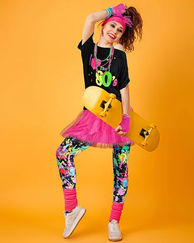 Vista 6 de Juego de 19 piezas de disfraz de los años 80, camiseta, leggings, falda tutú, diadema, collar, pulseras, aretes, guantes, calentadores de piernas