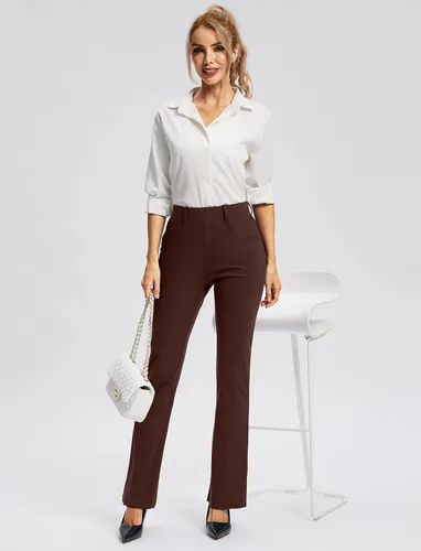 Vista 5 de Rammus Pantalones de yoga para mujer con bolsillos, pantalones de trabajo elásticos para mujer, corte de bota, para negocios, oficina, casual
