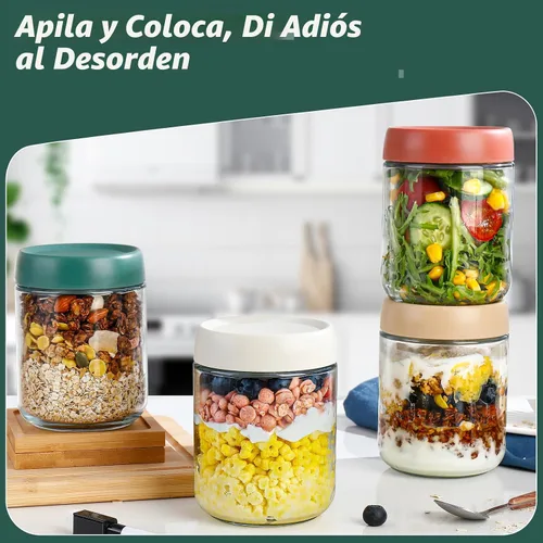 Vista 5 de DIMBRAH Recipientes para Avena Nocturna con Tapas, Frascos de Vidrio de 16oz con Tapas - Juego de 4, Práctico Recipiente de Avena para Llevar