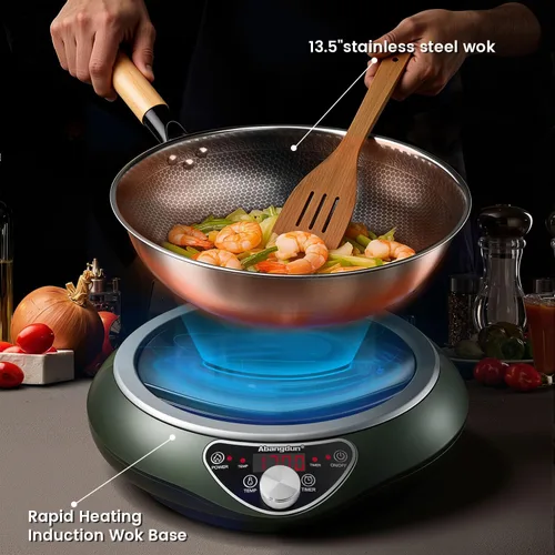 Vista 3 de Wok de inducción cóncava de 1700 W 120 V con wok de acero inoxidable, calentamiento continuo sin pulsos, 16 niveles de potencia, quemador portátil