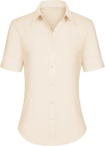 Vista 24 de siliteelon Camisas de vestir de manga corta con botones para mujer, camisas de algodón con botones para mujer, blusa ajustada de manga 3/4
