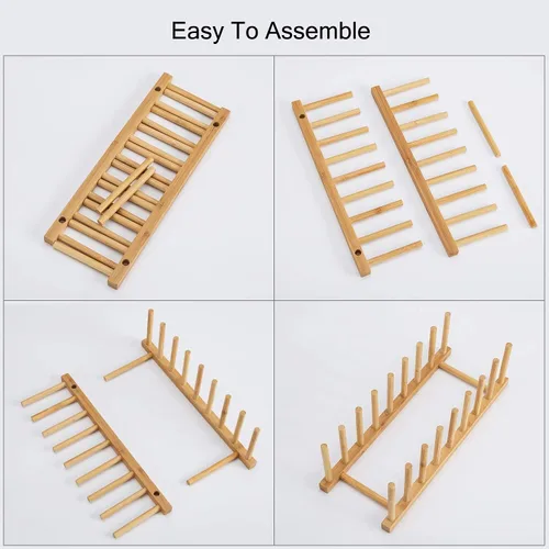 Vista 8 de HBlife Escurreplatos plegable de bambú de 2 niveles con soporte para utensilios y plato de platos, tazón, tazón, tapa de olla, tabla de cortar
