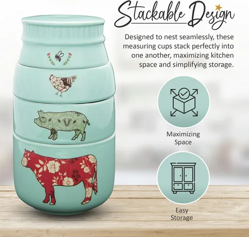 Vista 8 de Pavilion Gift Company - 'Live Simply Bee, Chicken, Pig, and Cow' - Juego de tazas medidoras de gres de 4 piezas, utensilios de cocina resistentes