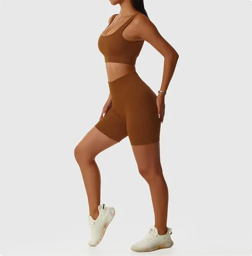 Vista 5 de ABOCIW Conjuntos de entrenamiento para mujer, 2 piezas, sin costuras, acanalados, cintura alta, con camiseta sin mangas, brasier deportivo, trajes