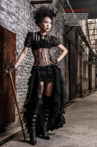 Vista 7 de HaoLin Steampunk Retro Victorian Punk Cincher Lace Up Long Ruffle Falda lápiz Negro, Negro