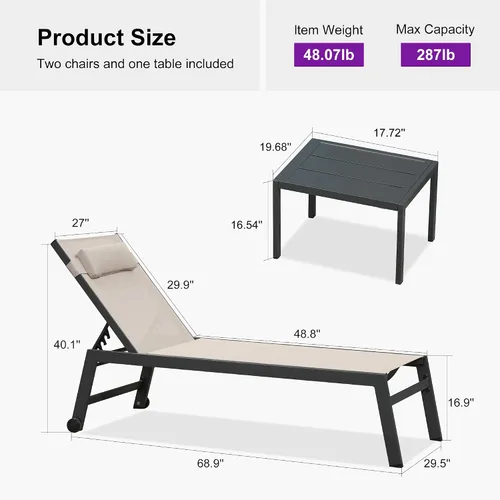 Vista 9 de PURPLE LEAF Juego de sillas de lounge al aire libre de gran tamaño de 3 piezas para patio, tumbona para piscina, estructura de aluminio con mesa