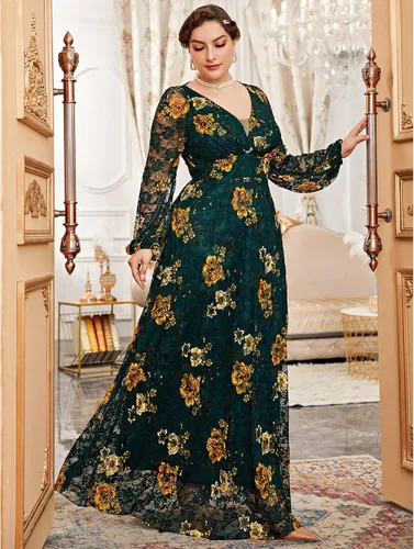 Vista 5 de TOLEEN Vestido de talla grande para mujer, con cuello en V, bordado de rosa, elegante, formal, maxi vestidos