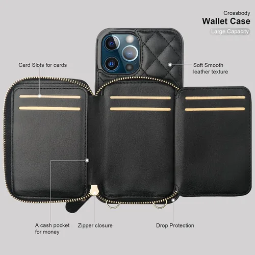 Vista 7 de Bocasal Funda tipo cartera cruzada para iPhone 12 Pro Max, con bloqueo RFID, de piel sintética, con cremallera, funda tipo cartera con función atril