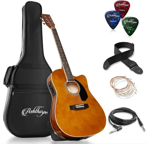 Vista 13 de Ashthorpe - Paquete de guitarra electroacústica estándar con diseño delgado con corte - de madera Tonewood de primera calidad Negro