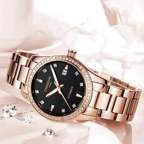 Vista 4 de TEINTOP Carnival Reloj mecánico automático para mujer con correa de acero inoxidable