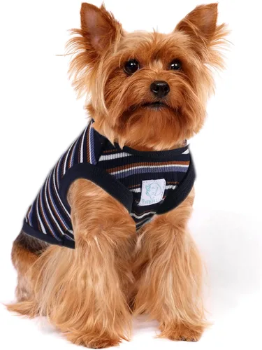 Vista 8 de Camisetas a rayas para perros y gatos, 102 % algodón, para perros y gatos pequeños, ropa sin mangas para cachorros para Chihuahua, verde Yorkie