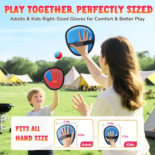 Vista 5 de JoyCat Juego de pelota de lanzar y atrapar, juego de 2 bolas adhesivas para adultos y 2 niños, juego familiar para atrapar al aire libre para playa