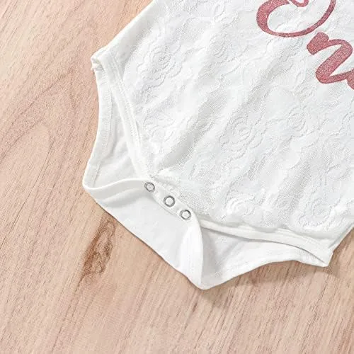 Vista 3 de Conjunto de mameluco de algodón para el primer cumpleaños para niñas con lentejuelas y lazo para la cabeza, 3 piezas