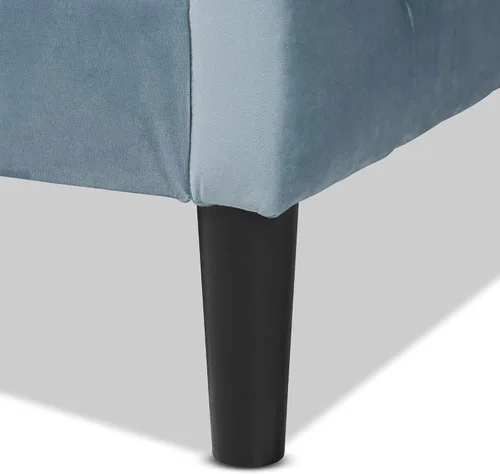 Vista 7 de Baxton Studio Benjamin - Sofá cama de tamaño matrimonial de madera con acabado marrón claro moderno y contemporáneo de terciopelo azul claro