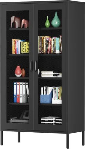 Vista 93 de Gabinete de almacenamiento de metal ancho negro, gabinete de acento de 2 puertas para el hogar y la oficina, gabinete de metal bajo de 2 niveles