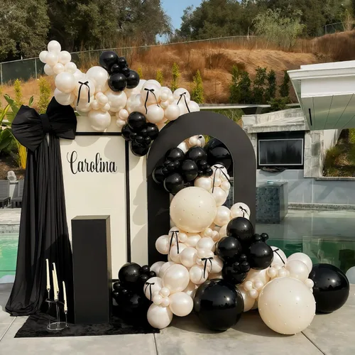 Vista 9 de Kit de guirnalda de globos negro, blanco y dorado, 115 piezas de arco de globos beige arena negro crema oro metálico con globos de papel de aluminio