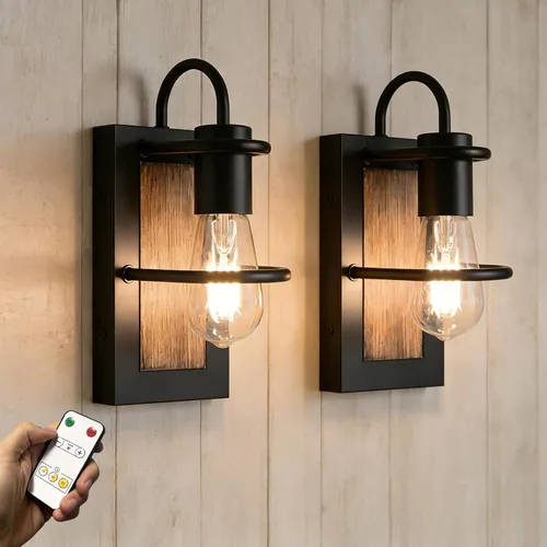 Vista 10 de Luces de pared vintage a pilas con acabado de madera sintética, lámpara de pared regulable, sin cableado, fácil de instalar, aplique de pared