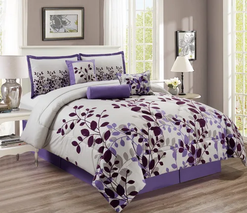 Vista 3 de Grand Linen - Juego de edredón de 7 piezas, color morado y gris, lila Morado/gris/lila, estampado fino