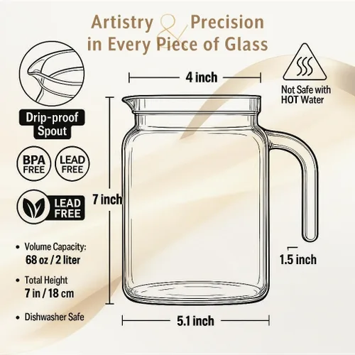 Vista 4 de Hermetic Seal - Jarra de vidrio con tapa hermética y boquilla, jarra de agua de 68 onzas para jugo casero, té helado, leche, café frío, limonada