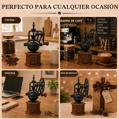 Vista 5 de Molinillo de café manual vintage con manivela de rueda de hierro fundido, molinillo de café de madera con rebabas de cerámica, tamaño de molienda