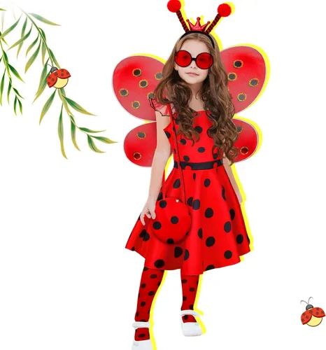 Vista 2 de Janmercy 7 piezas de vestido de mariquita para niñas con lunares tutú vestido de simulación de Halloween, fiesta de cumpleaños, regalo para niños