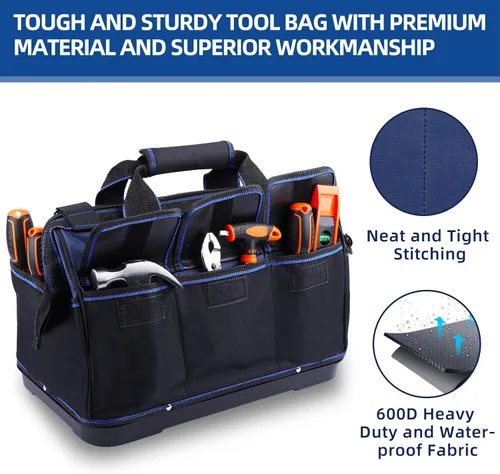 Vista 6 de Bolsa de herramientas de 16 pulgadas, organizador de herramientas multibolsillos con base de plástico impermeable, maletín resistente con correa