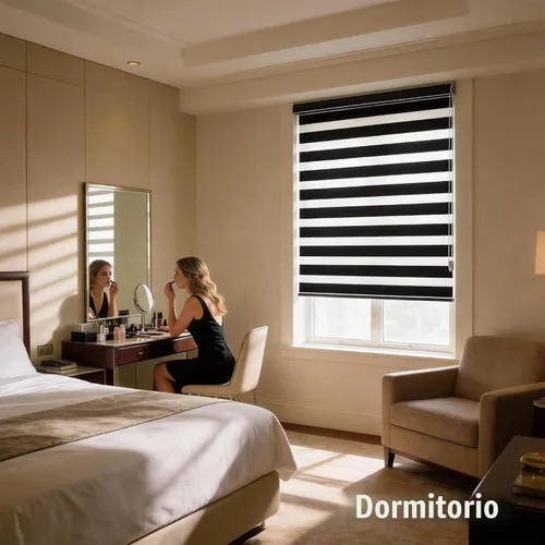Vista 7 de Persianas Zebra enrollables de doble capa, semitraslúcidas, con control de luz y privacidad, para el día y la noche