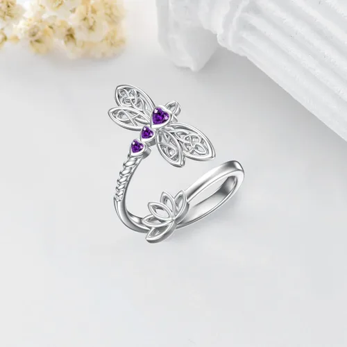 Vista 4 de RMREWY Anillo ajustable de plata de ley 925 con piedra natal de libélula celta, regalo de cumpleaños para mujeres, amantes de la libélula