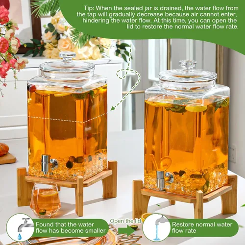 Vista 5 de FillTouch Juego de 2 dispensadores de bebidas de vidrio de 1.5 galones con soporte de madera, dispensadores grandes de bebidas de agua para fiestas