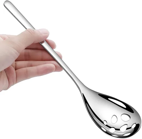 Vista 4 de Juego de 2 cucharas de servir, cucharas sólidas y ranuradas de acero inoxidable de 9.4 pulgadas, utensilios de cocina extra grandes y resistentes