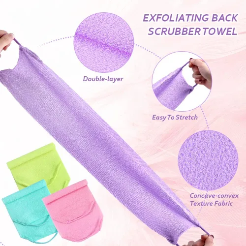 Vista 5 de Juego de 6 piezas de exfoliante para la espalda con asas, limpiador corporal de longitud extendida, 4 limpiadores de espalda y 2 guantes de baño