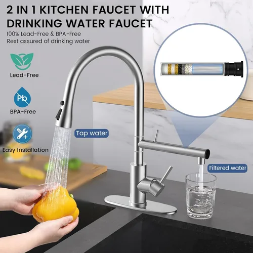 Vista 2 de FEELSO Grifos de cocina, grifo de cocina con filtro de agua mejorado con rociador desplegable, acero inoxidable níquel cepillado arco alto grifo