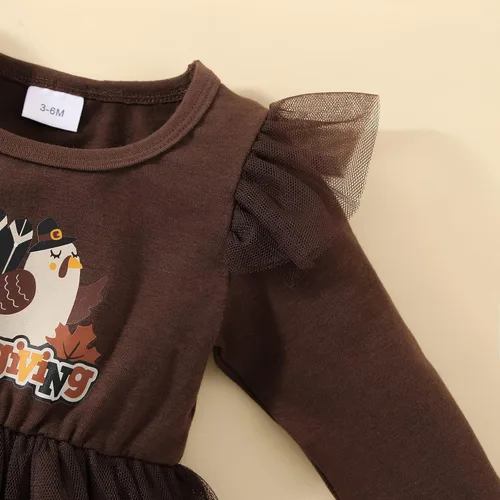 Vista 4 de Vestido de Acción de Gracias para niña pequeña vestido de manga larga con volantes vestido de tul de pavo con diadema