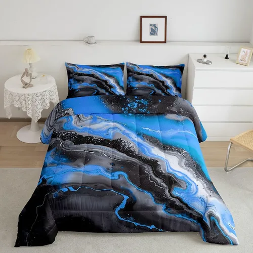 Vista 2 de Feelyou Juego de edredón abstracto para todas las estaciones, juego de ropa de cama negro y azul con 1 funda de almohada con estampado de mármol