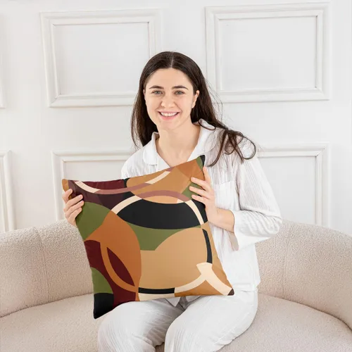 Vista 6 de Paquete de 2 fundas de almohada decorativas con diseño geométrico marrón, rojo y verde, fundas de cojín cuadradas de geometría suave para sofá