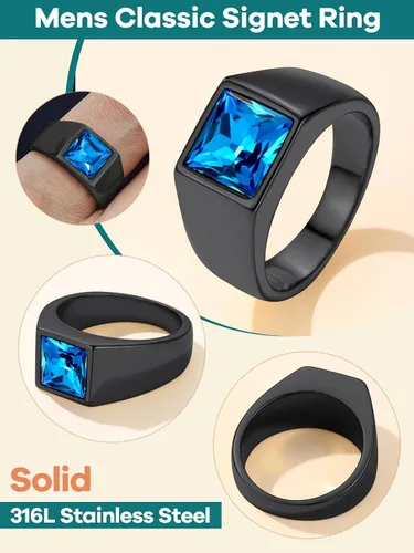 Vista 7 de Supcare Anillo cuadrado con sello de piedra preciosa para hombre, topacio azulanillo de cóctel onxy negro, ajuste cómodo, tallas 7 a 14, joyería