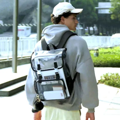 Vista 7 de Mochila transparente, aprobada por el estadio, para niñas y niños, mochila transparente de PVC resistente para mujeres y hombres
