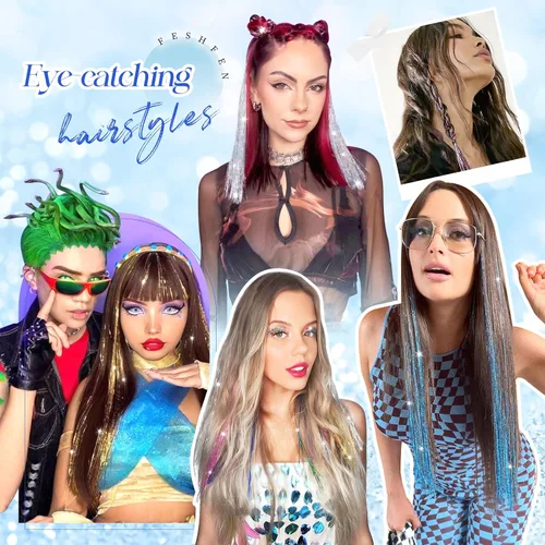 Vista 6 de FESHFEN Juego de 12 extensiones de cabello con clip, color negro, con clip, con purpurina, kit de accesorios coloridos para mujeres, de 20 pulgadas