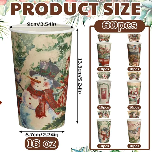 Vista 2 de Cholemy 60 tazas de papel de café de Navidad con tapas, vasos de papel desechables de 16 onzas para decoración de mesa de Navidad, suministros